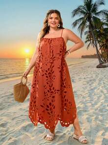 SHEIN CURVE+ Đầm dệt màu trơn phong cách Bohemian dành cho nữ, cỡ US22, thích hợp cho lễ hội âm nhạc, kỳ nghỉ biển, trang phục Bohemian cho lễ hội âm nhạc. - trái cam - Xem 5
