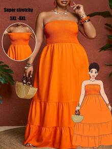SHEIN CURVE+ Đầm mùa hè Slayr Vacation Casual màu xanh lá cây trơn, không dây vai, cỡ lớn dành cho nữ. - trái cam - Xem 10