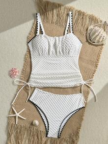 Swim Lushoire Mature Sexy Striped Special Fabric Long Pants Swimwear Top And High-Waisted Bikini Bottom 2 Pieces Set - White - View 7