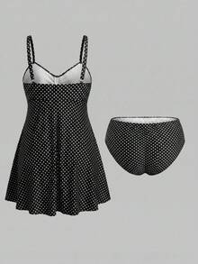 Sweetra CURVE Summer Beach Plus Size Polka Dot Knot Front Swim Dress Vacation Black - Black - View 2