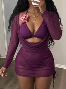Maweii Costume da bagno da donna taglie forti, set da 3 pezzi, con accenti floreali e colore unito, sexy - Viola - Visualizzare 3