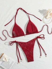 Costavie Swim Basics 2件式泳裝套裝，亮面紋理面料、珍珠裝飾、掛脖三角胸罩與側綁泳褲，春夏季海灘度假性感比基尼套裝 - 酒紅色 - 查看 2