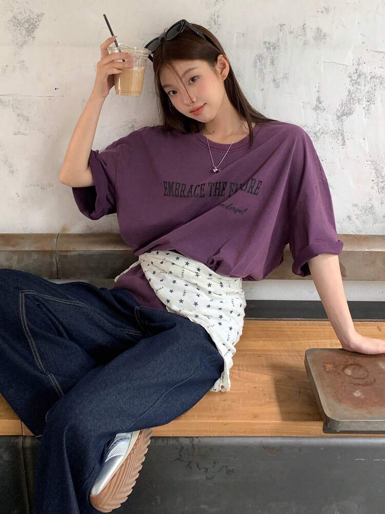 Women's Casual Korean Style Loose Fit Round Neck Short Sleeve T-Shirt