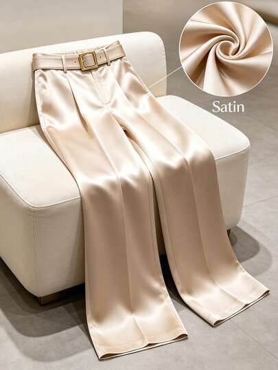Franclia Plus Size Women's Luxury Champagne Satin Wide Leg Trousers With Belt, High Waist Pleated Dress Pants For Office & Evening