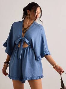 Freevana Plus Size Holiday Solid Color Batwing Sleeve, Ruffle Hem, Tie Waist Jumpsuit - Blue - View 4