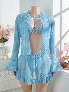 PetitDoll Bộ 4 món: Áo khoác ngoài viền ren đính ngọc trai, áo ngực tam giác gợi cảm, quần lót dây, chân váy xếp ly eo. - Màu xanh lam - Xem 4