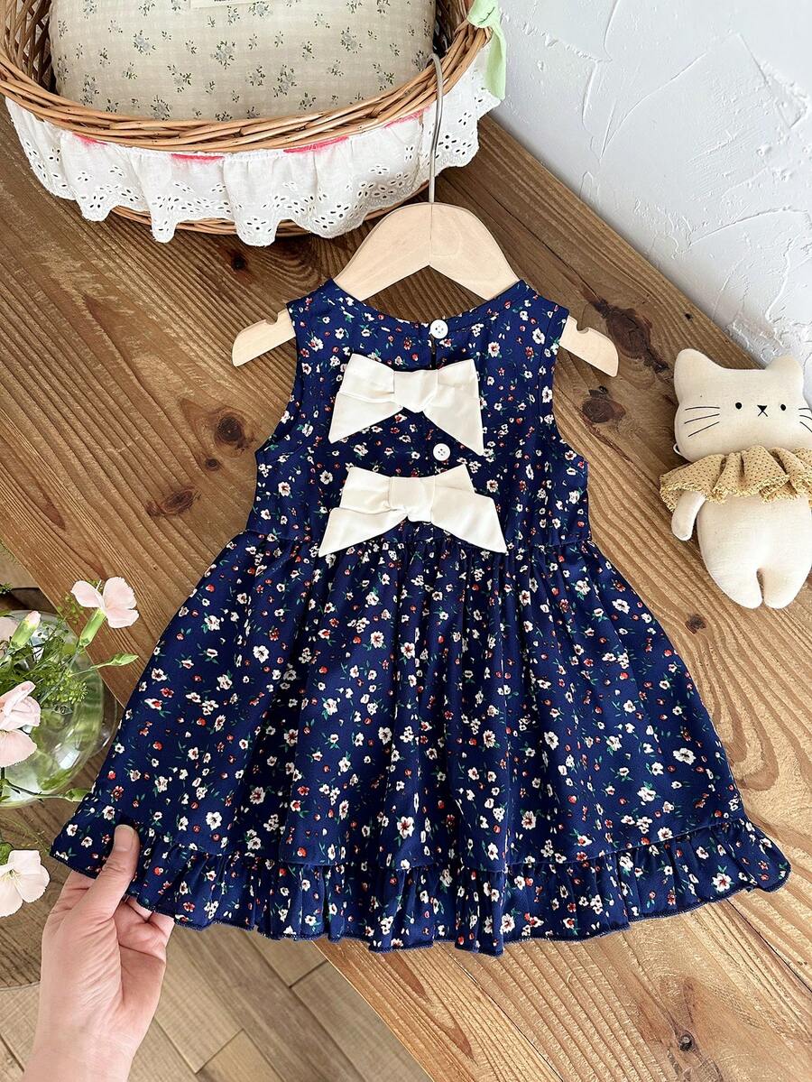 SHEIN 女婴3个月-3岁连衣裙,1件套休闲可爱日常秋季穿搭,棕色蝴蝶结装饰无袖蓬蓬裙 - 藏蓝色 - 查看 1