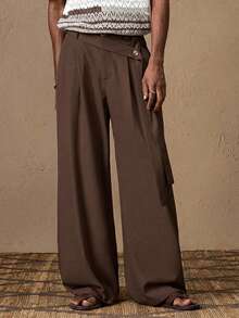 AKNOTIC Business Casual 男士休閒寬鬆鬆緊腰桶腿長褲，純色，秋季度假日常穿著派對，情侶搭配男士禮物父親節，足球 - 咖啡棕 - 查看 5