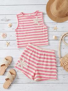 SHEIN Tween Girl Casual Comfortable Round Neck Sleeveless Starfish Decor Striped Tank Top And Shorts 2-Piece Set - Pink - View 5