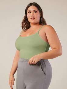 SHEIN BASICS Plus Size Women Solid Color Fitted Casual Smart Casual Camisole Everyday Sage Green Summer Tops - Green - View 6