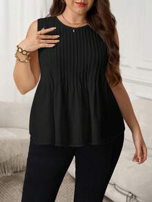 SHEIN LUNE Plus Size Solid Color Round Neck Pleated Casual Versatile Tank Top, Suitable For Summer - Black - View 4