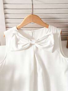 Girls' Elegant Sleeveless Dress With Bowknot Decor And Ruffle Hem, Children's Graceful Red Sleeveless Dress, Suitable For Spring And Summer - White - View 3