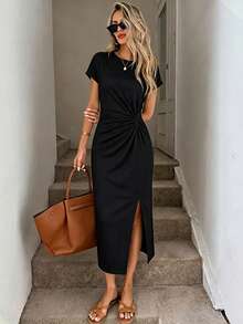 SHEIN LUNE 复古夏季优雅扭结高开衩无袖黑色加大码中长连衣裙，女士休闲纹理修身连衣裙，女士生日装，女士健身套装，女士婚礼宾客礼服，女士职业装 - 彩色 - 查看 5