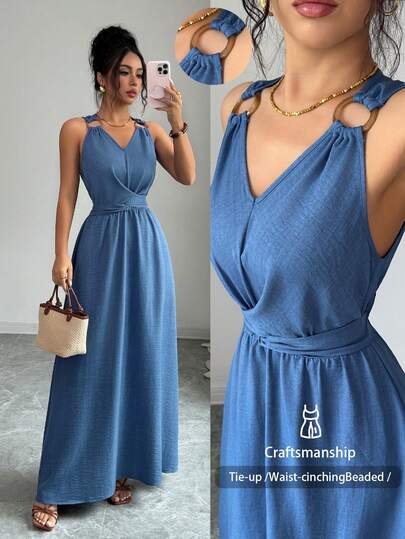 Elenzga Đầm dài nữ mùa xuân hè mới, cổ chữ V, dây bản rộng, cúc tròn trang trí, dáng chữ A, eo thon, tối giản, thích hợp đi làm.