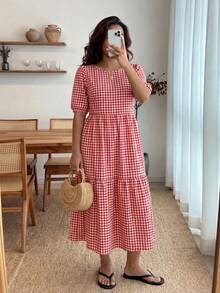 Enliva Jennifer_samantha_style 大码格子印花休闲度假连衣裙，适合苹果型和圆润身材，夏季必备 - 紅色 - 查看 3
