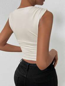 Femesol Women's Summer Solid Color Crew Neck Pleated Fitted Camisole - Beige - View 7