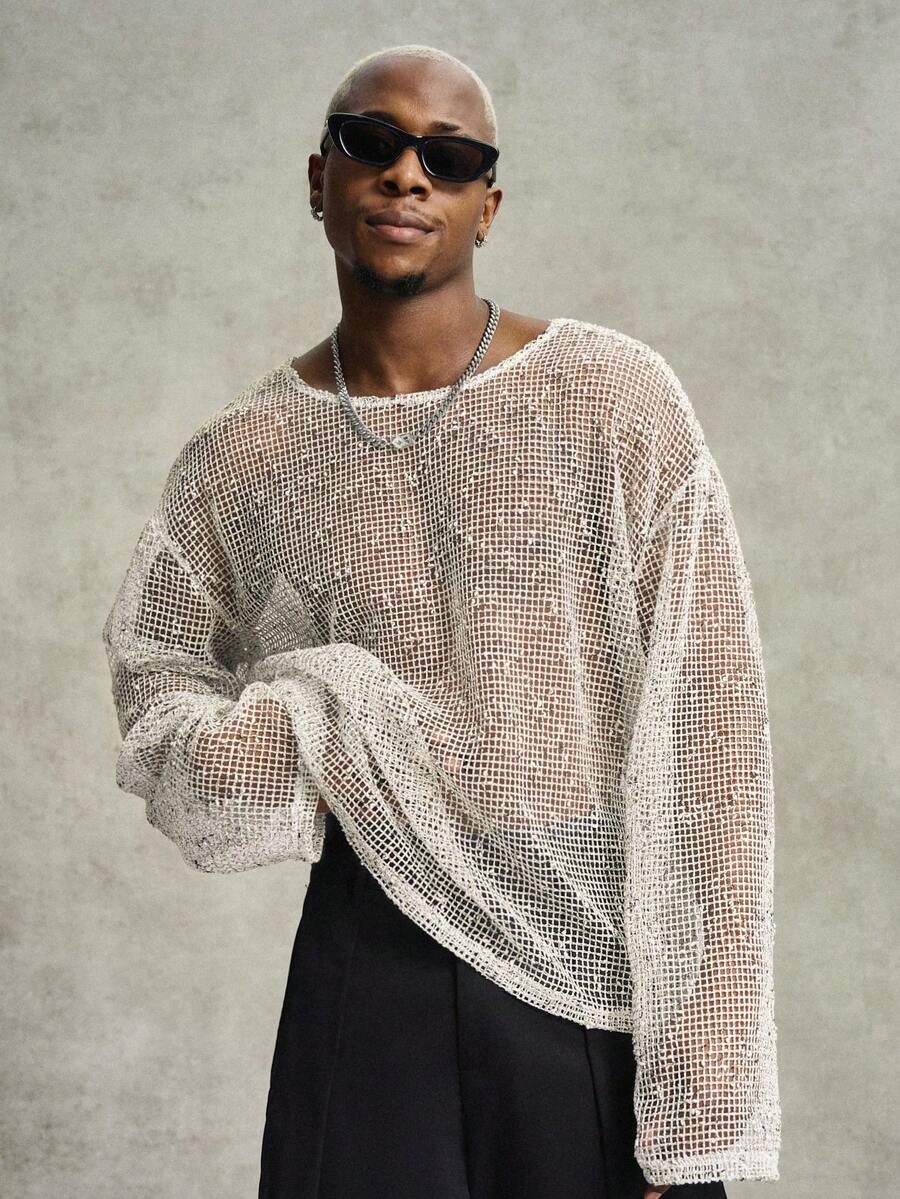 PAVTROS Men's Round Neck Long Sleeve Knitted Mesh T-Shirt, Suitable For Spring/Summer Casual Daily Life, Travel And Vacation Wear - Apricot - View 1