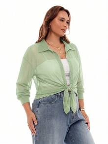 SHEIN EZwear 女士大码透明纯色前开襟长袖衬衫 - 綠色 - 查看 2