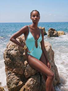 Maija Women's Vacation Chain Decor Sexy Camisole One-Piece Swimsuit Beach Party Aqua Blue Summer - Mint Blue - View 3