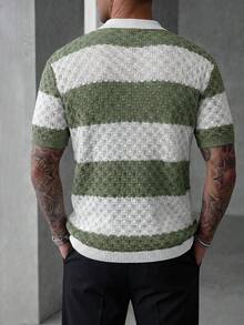Manfinity Homme 男士撞色翻领镂空短袖针织 Polo 开衫，休闲夏季假日针织衫 - 綠色 - 查看 2