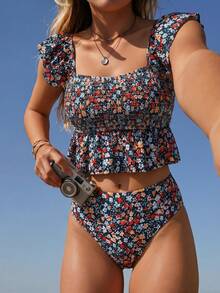 Swim Mod Fashionable Mature Ditsy Floral Ruffled Hem Women's Summer Camisole & Bikini 2-Piece Set - Multicolor - View 3