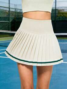 Eassivo Eassivo Falda pantalón casual con pliegues de cintura alta con estampado de rayas verdes - Beis - Ver 4