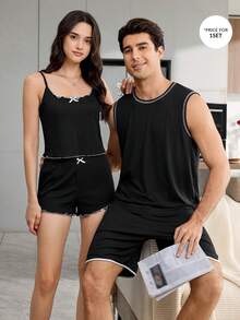 CoupledUp Bộ đồ ngủ nam mềm mại, có họa tiết, kiểu dáng thường ngày, gồm áo ba lỗ và quần short. - màu đen - Xem 6
