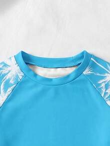 SHEIN Teen Girls Black & Colorblock Palm Tree Pattern Modest Bikini Set, Short Sleeve Top And Bottoms, Suitable For Vacation, Beach, Swimming - Blue - View 3