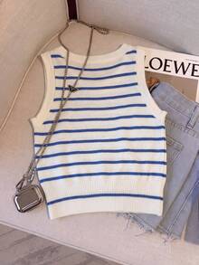 SHEIN Franclia Women's Retro Blue And White Stripe Knit Vest,Summer Casual Brunch Sleeveless Cropped Sweater,Unique Round-Neck Knitted Pullover Fashionable Top - Blue - View 3