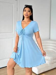 Solflare Vestido azul con cuello en V y detalle de nudo en la parte delantera para mujer talla grande para el Día de San Valentín - Azul - Ver 5