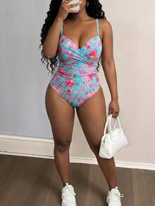 Maweii Plus Size Women's One-Piece Random Print Casual Swimsuit - Mint Green - View 5
