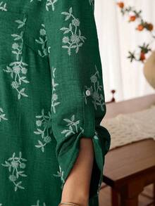 Lacomfia 休閒刺繡寬鬆長袖常規洋裝，大尺碼，春/夏/秋季 - 墨綠色 - 查看 3