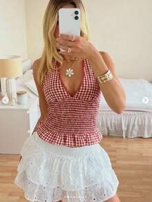 Serisse Women's Plaid Contrast Lace Deep V-Neck Halter Top - Red - View 12