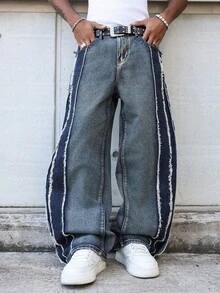 Manfinity EMRG Men's American Fashion Street Casual Street Wear Distressed Loose Fit Washed Denim Jeans Back-To-School Graduation Navy Blue Summer - Blue - View 7