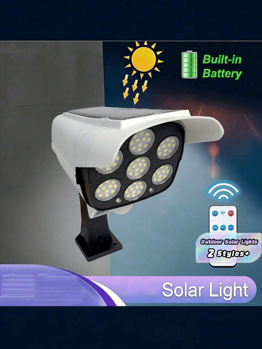 1PC Outdoor Solar Sensor Light, 2000 Lumens, 77 LED Bulbs, With Remote Control; Wireless Fake Surveillance Camera, Suitable For Hotel Porch, Garden, Patio, Driveway And Other Locations - Simulation camera light - View 1