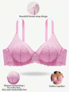 SHEIN 1件装双色心形蕾丝网拼接设计舒适性感时尚大码钢圈文胸 - 粉色 - 查看 5
