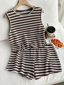 Comfortcana Plus Size Women Striped Round Neck Top And Shorts Casual Daily Outfit - Brown - View 4