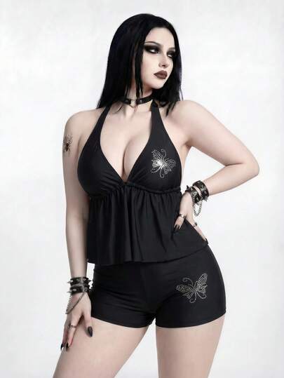 ROMWE Goth 大码女式两件套纯色吊带遮肚沙滩度假坦克泳衣