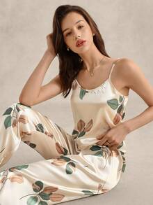 EverLounge Floral Print Satin Cami Top & Pants PJ Set / Pajama Set - Apricot - View 1