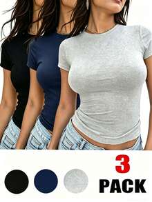 INAWLY Bộ 3 áo thun nữ cơ bản màu trơn - Nhiều màu - Xem 1