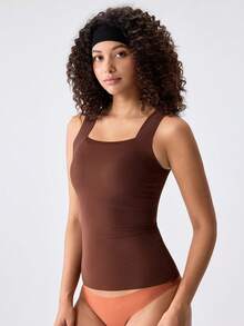 Loungeista 1 pieza Camisola de compresión para mujer, faja sin mangas cómoda, top corto de fitness con entrenador de cintura, ajuste ceñido 2 en 1 con sujetador acolchado, camiseta interior de unicolor para el verano - Marrón - Ver 5