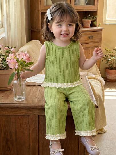 SHEIN Baby Girls' Summer Avocado Green Set, Vest Top Paired With Wide Leg Pants, Ruffled Hem Decor, Suitable For Casual Daily Wear, Sweet & Cute Princess Style