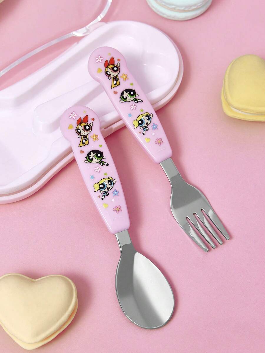 THE POWERPUFF GIRLS X SHEIN Cute Cartoon Cheese Shaped Silver 2-Piece Spork Set, Tableware, Tableware, - Pink - View 1