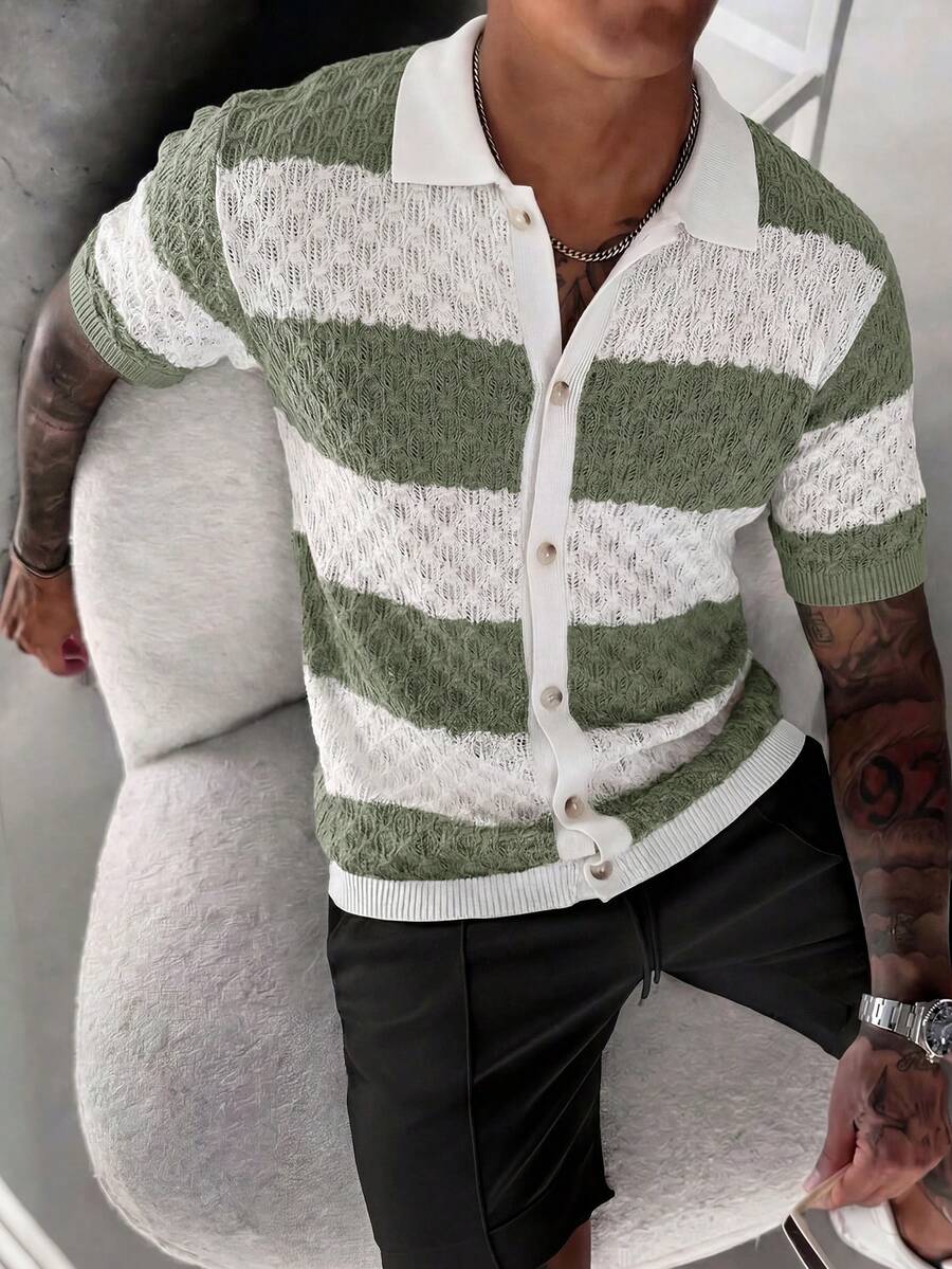 Manfinity Homme 男士撞色翻领镂空短袖针织 Polo 开衫,休闲夏季假日针织衫 - 綠色 - 查看 1