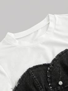 SHEIN MOD 大尺碼女款 2 合 1 毛邊下擺鈕扣設計短袖牛仔上衣 - 黑色 - 查看 4