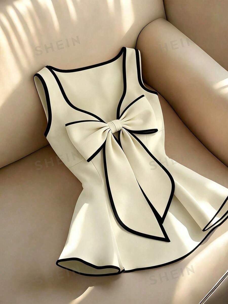 Franclia Women's Contrast Trim Exaggerated Bow Decor Sleeveless Elegant T-Shirt For Summer - Apricot - View 1