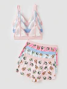 Chillnights THE POWERPUFF GIRLS X SHEIN 3件套女士可爱卡通全印花文胸和宽松内裤套装 - 彩色 - 查看 2
