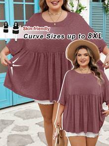 SHEIN CURVE+ Curve 尺码 US22 音乐节、海滨度假、波西米亚风女士超宽松弹力娃娃衫 T 恤 - 棕色 - 查看 1
