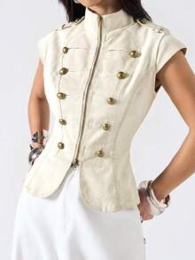 LYSMO 2026 New Minimalist Spring/Summer Women's Vintage Stand Collar Jacket, Suitable For Commuting, White - White - View 5