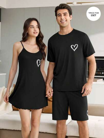 CoupledUp Bộ đồ ngủ nam tối giản cổ tròn in hình trái tim